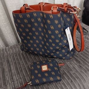 Dooney & Bourke Navy and Brown Logo Tote